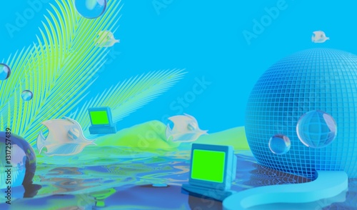 retro-future y2k 2000s frutiger aero aqua web 2.0 gloss with stage podium for product display showcase, 3d illustration rendering abstract background, technology and nature concept