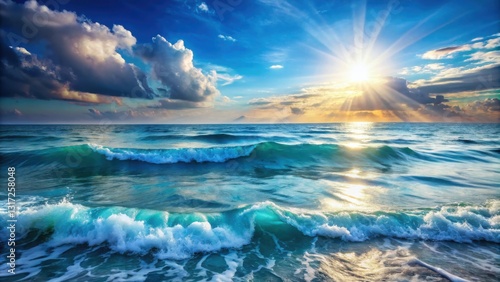 The ocean waves crashing and rolling under the sun's golden rays, casting a shimmering glow on the water's surface