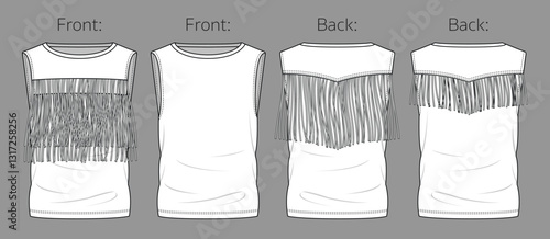 Vector drop shoulder T-Shirt with fringe fashion CAD, woman sleeveless tee technical drawing, sketch, template, flat, mock-up. Jersey fabric tank top set in cowboy style, front, back view, white color