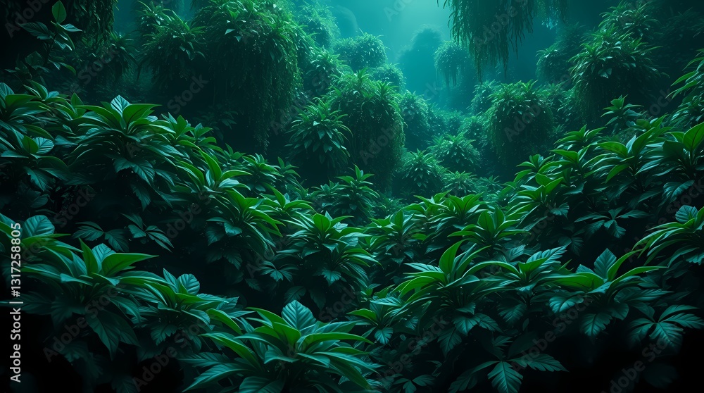 Fototapeta premium Emerald Embrace: A mysterious and captivating view of dense, vibrant green foliage thrives in a lush environment, shrouded in a soft, ethereal light, suggesting the allure of a hidden sanctuary.