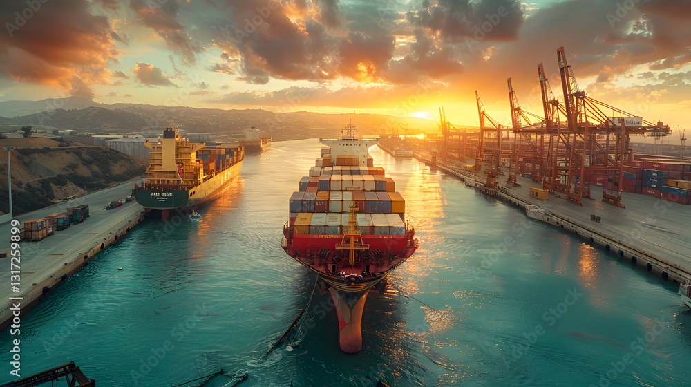 Container Ship Sailing Towards Sunset at Busy Port Container Ship Sailing Towards Sunset at Busy Port