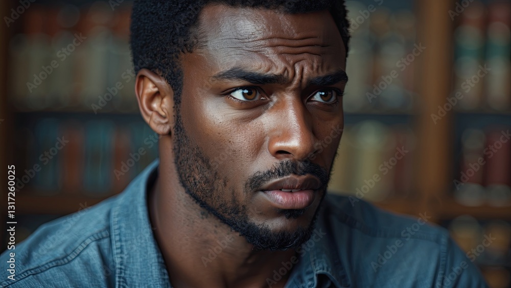 Close-up portrait of a focused young man with short, dark hair and deep brown eyes, displaying an intense expression in a well-lit library Close-up portrait of a focused young man with short, dark hair and deep brown eyes, displaying an intense expression in a well-lit library