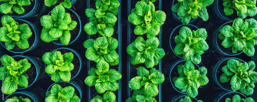Fresh green plants in pots arranged in rows, showcasing vibrant growth