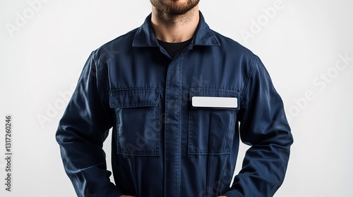 A uniformed mechanic in navy workwear with a name tag on his chest, isolated against a white background.