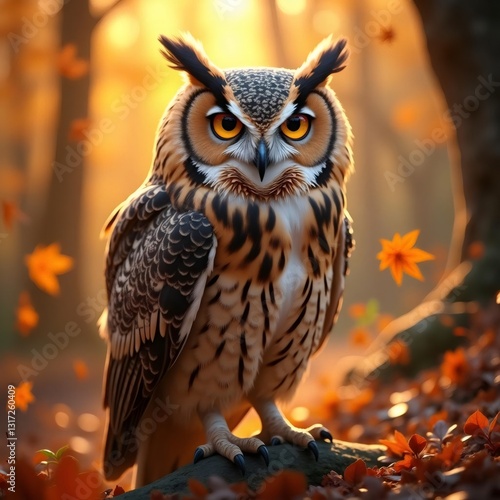 Captivating Long Eared Owl Perched Amidst the Vibrant Hues of Autumnal Woods  Cx5RtY photo