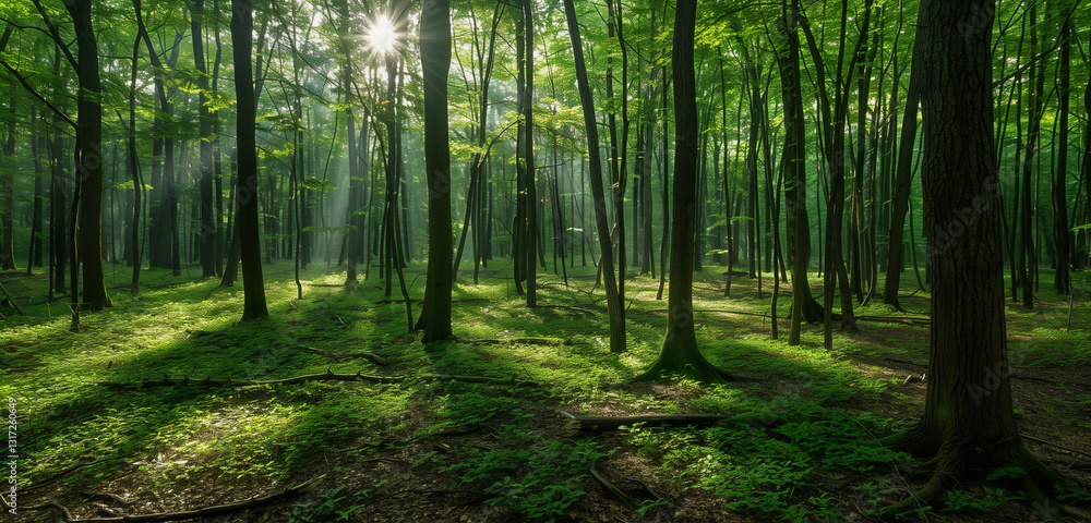 Obraz premium A lush green forest with sunlight gently filtering through the dense foliage of tall trees, creating a serene and natural ambiance.