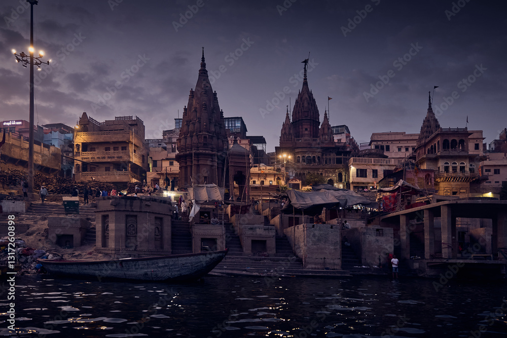 Obraz premium Panorama of Varanasi ghat at Ganges river at night, India