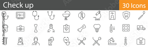 Check-up includes outline vector icons illustrating patient assessments, clinical evaluations, diagnostic procedures, and wellness monitoring. Editable stroke vector illustration.