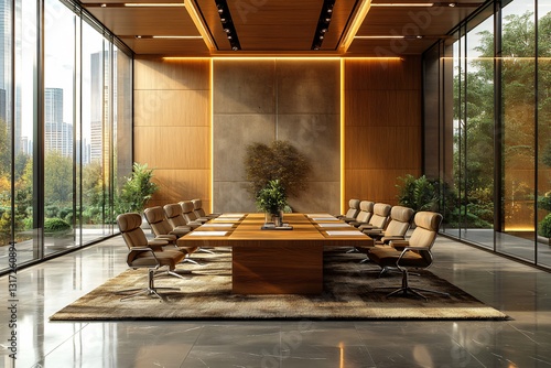 Modern Conference Room Design with Large Window and Wooden Elements for Sustainable Management