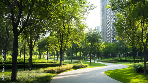 Green City Park With Lush Trees Winding Path And Modern Building In Sunlight