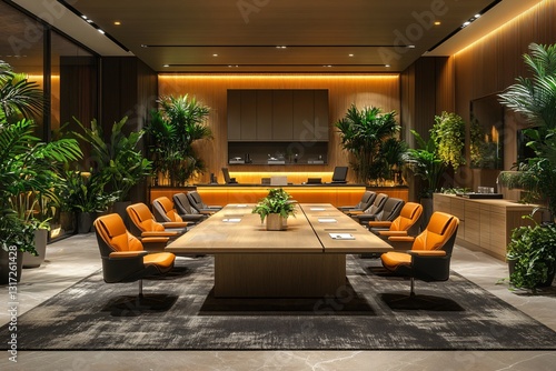 Modern Office Conference Room with Greenery and Stylish Seating Arrangement