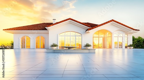 Modern House with Large Windows and Sunset Sky Reflected on Exterior Walls