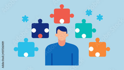 Puzzle Pieces A person surrounded by floating puzzle pieces depicting different stereotypes. Some pieces fit well representing aspects of their identity while others are mismatched