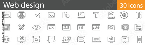 Web Design includes outline vector icons illustrating website layouts, interactive interfaces, programming workflows, and creative digital elements. Editable stroke vector illustration.