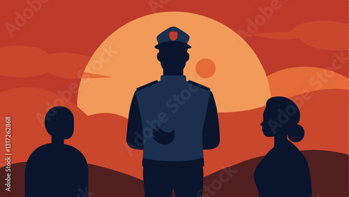 Sunset Background A silhouetted scene of a witness talking passionately to two police officers against a sunset backdrop emphasizing the end of a long day and the importance of the