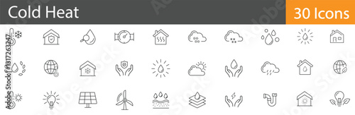 Cold and Heat Line Icons Set. Collection of 30 outline icons representing temperature, weather, climate, hot and cold conditions. Editable stroke vector illustration.