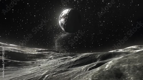 Epic lunar landscape with distant earth and stars creating a sense of wonder