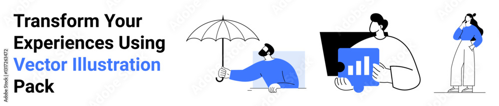 People holding an umbrella, thinking, analyzing data on a screen. Ideal for creativity, analysis, teamwork, problem-solving, innovation, strategy and flat landing page banner People holding an umbrella, thinking, analyzing data on a screen. Ideal for creativity, analysis, teamwork, problem-solving, innovation, strategy and flat landing page banner