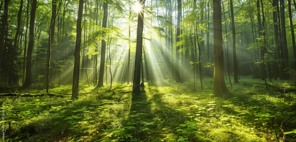 Naklejka premium A lush green forest with sunlight gently filtering through the dense foliage of tall trees, creating a serene and natural ambiance.