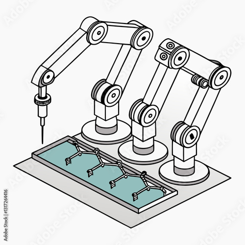 A vector design showing multiple robotic arms performing a complex surgery simultaneously.

