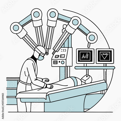 A robotic surgeon performing an operation with multiple articulated arms.
