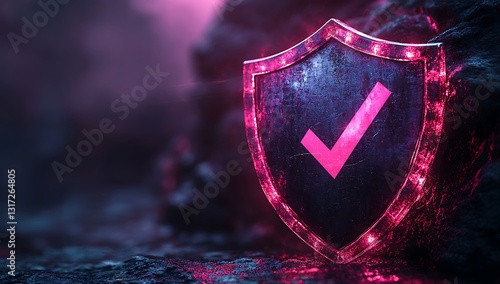 Glowing Neon Shield with Check Mark Cyber Security Concept Illustration