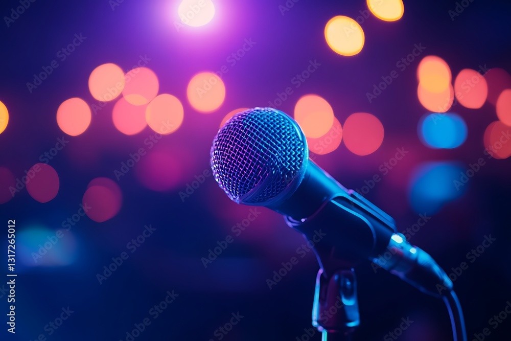 Obraz premium Stage Microphone Close-up Neon Lights Concert Background Music Performance