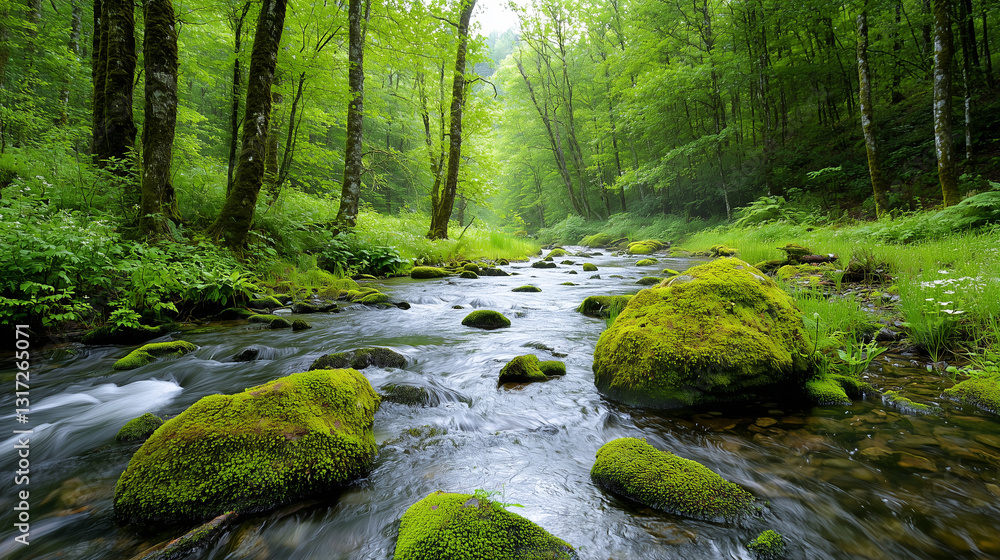 Obraz premium Serene forest stream with vibrant greenery and flowing water