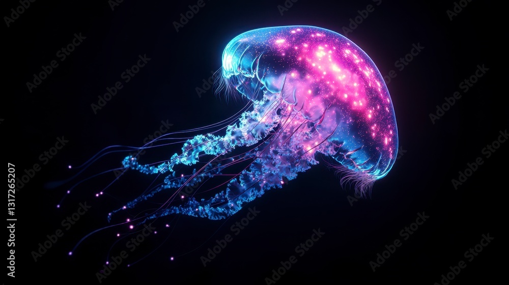 Abstract glowing jellyfish with pink and blue light trails against a black background. Digital art, neon colors, underwater theme. Abstract glowing jellyfish with pink and blue light trails against a black background. Digital art, neon colors, underwater theme.
