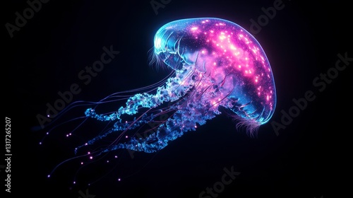 Abstract glowing jellyfish with pink and blue light trails against a black background. Digital art, neon colors, underwater theme.