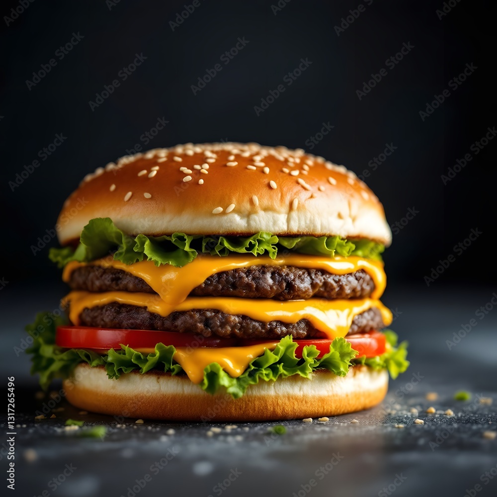 Delicious Double Cheeseburger With Lettuce, Tomato, and Sesame Seed Bun Delicious Double Cheeseburger With Lettuce, Tomato, and Sesame Seed Bun