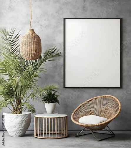 Large Blank Poster Frame on Wall with Industrial Decor and Plants