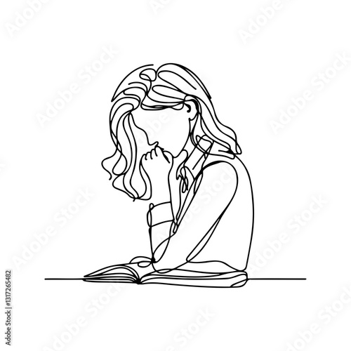 One-line drawing of a woman reading a book