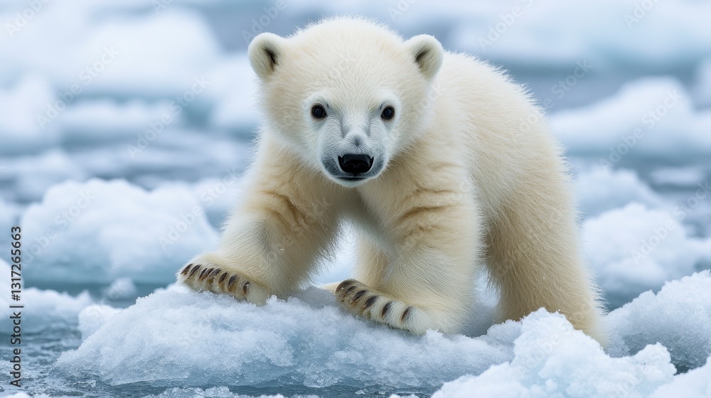 Adorable polar bear cub standing on a small ice floe in Arctic waters. The cub's fur is thick and white, contrasting with the icy blue water. Adorable polar bear cub standing on a small ice floe in Arctic waters. The cub's fur is thick and white, contrasting with the icy blue water.