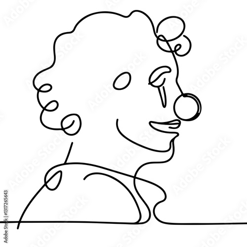 One-line drawing of a smiling clown profile