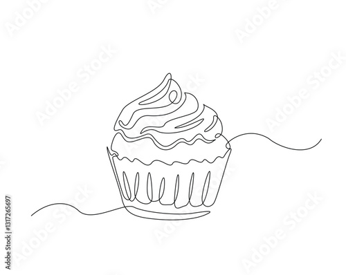 Sweet cupcake simple outline illustration. Continuous line drawing of muffin cake.