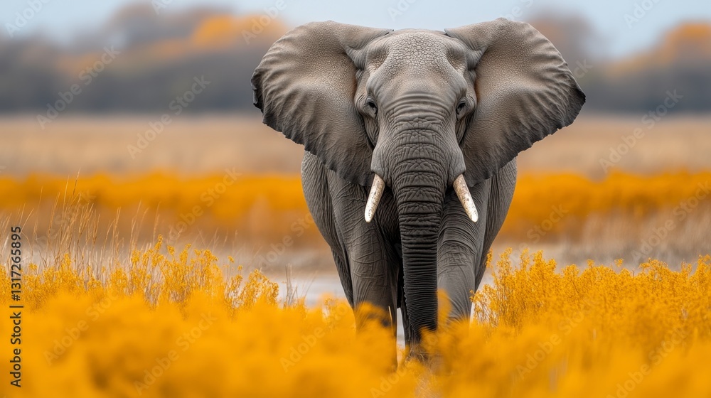 Naklejka premium African elephant standing in a field of yellow flowers, viewed from the front. The elephant is large and gray, its tusks prominent against the bright flowers.