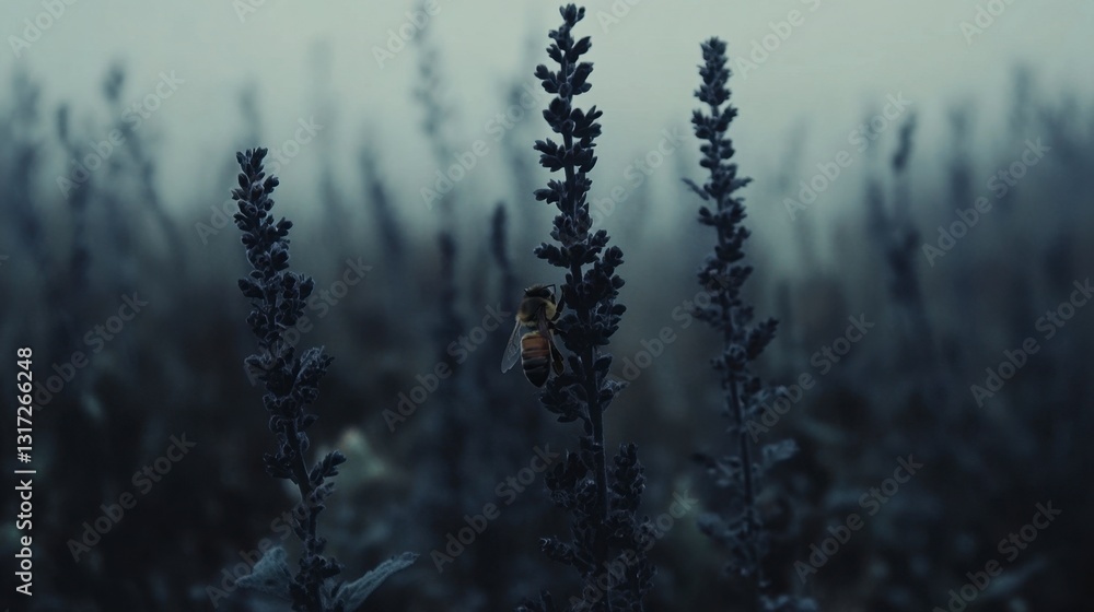 A bee pollinates dark purple wildflowers in a foggy field. Moody atmospheric image with muted colors and soft focus. A bee pollinates dark purple wildflowers in a foggy field. Moody atmospheric image with muted colors and soft focus.