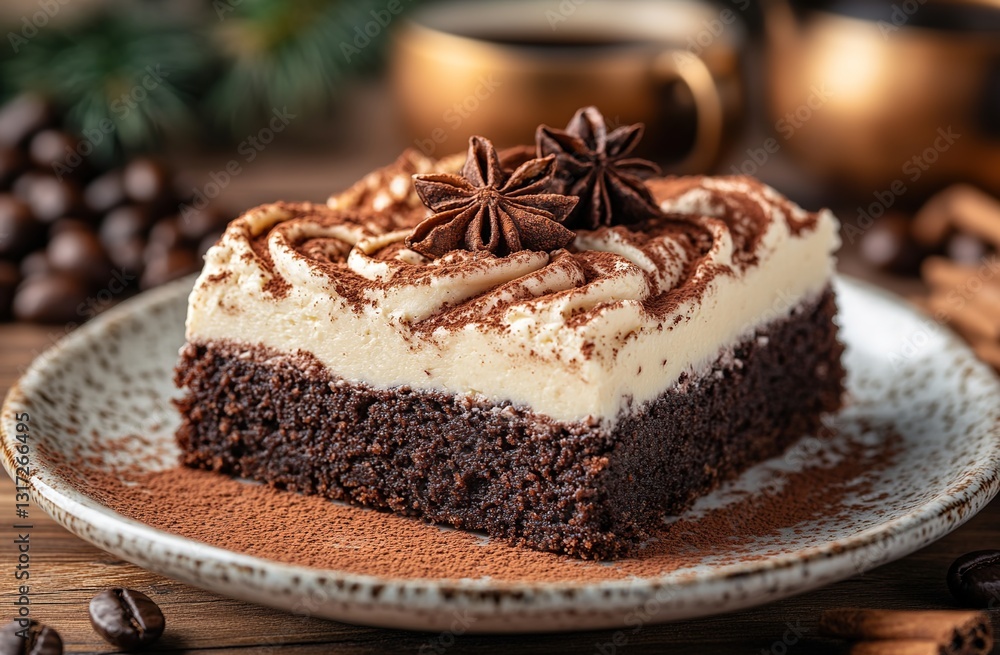 A rich chocolate brownie with swirls of cream cheese frosting, topped with a dusting of cinnamon and ground cocoa powder, served on an elegant plate beside steaming coffee beans in the background. A rich chocolate brownie with swirls of cream cheese frosting, topped with a dusting of cinnamon and ground cocoa powder, served on an elegant plate beside steaming coffee beans in the background.