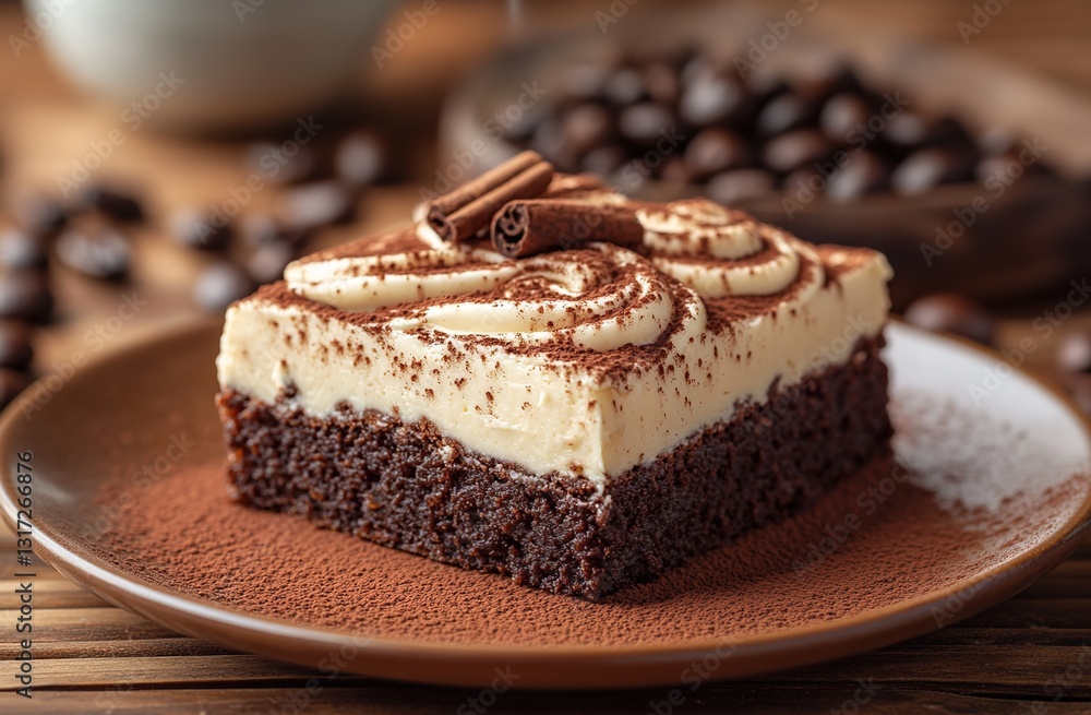 A rich chocolate brownie with swirls of cream cheese frosting, topped with a dusting of cinnamon and ground cocoa powder, served on an elegant plate beside steaming coffee beans in the background. A rich chocolate brownie with swirls of cream cheese frosting, topped with a dusting of cinnamon and ground cocoa powder, served on an elegant plate beside steaming coffee beans in the background.
