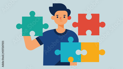 Puzzle Pieces An illustration of a teen trying to fit together puzzle pieces representing different aspects of identity e.g. ethnicity interests selfworth with some pieces visibly