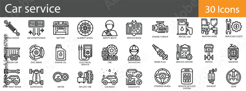 Car Service and Maintenance includes outline vector icons illustrating automotive care, garage operations, mechanical inspections, and vehicle upkeep. Editable stroke vector illustration.