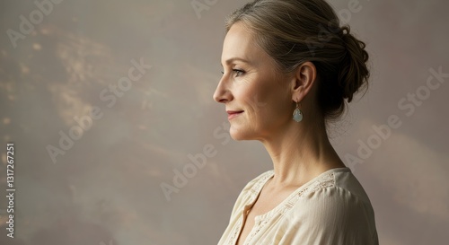 Serene Woman Profile Portrait - A thoughtful middle-aged woman with elegant earrings, looking off to the side against a muted background