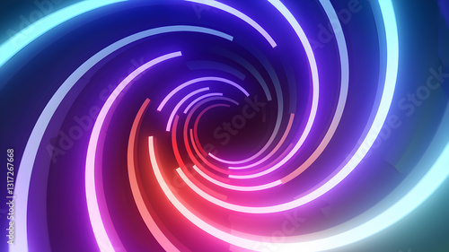 Abstract vortex of colorful neon lights swirling into darkness, creating a mesmerizing visual effect