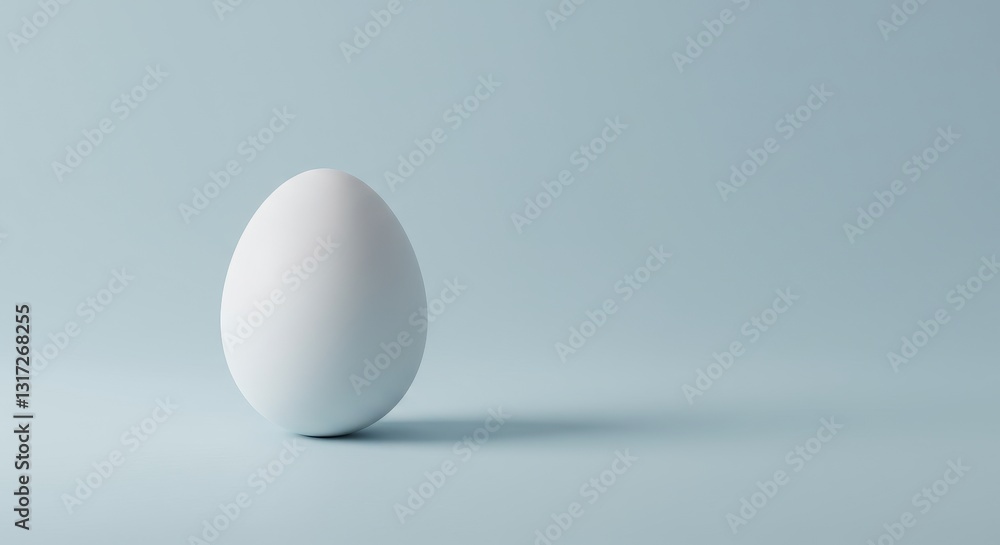 Single White Egg on Light Blue Background - Minimalist of a single white egg on a light blue background. Symbolizing new beginnings, purity, fragility, potential, and simplicity Single White Egg on Light Blue Background - Minimalist of a single white egg on a light blue background. Symbolizing new beginnings, purity, fragility, potential, and simplicity