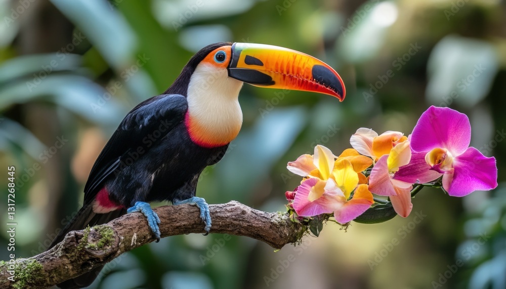 Fototapeta premium Colorful bird perched on a mossy branch near vibrant flowers in natural setting