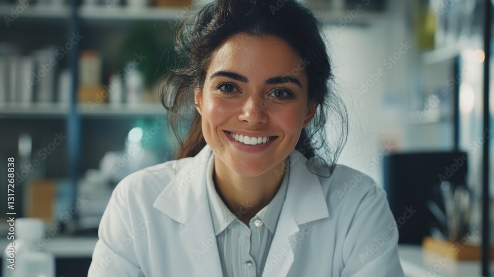Confident female scientist smiles in lab setting Confident female scientist smiles in lab setting