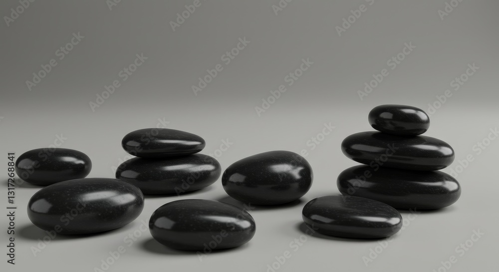 Smooth Black Stones Zen Arrangement - A serene arrangement of smooth, black stones, some stacked, on a gray background. Perfect for spa, wellness, or meditation themes Smooth Black Stones Zen Arrangement - A serene arrangement of smooth, black stones, some stacked, on a gray background. Perfect for spa, wellness, or meditation themes