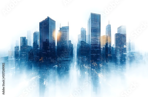 Abstract Cityscape Modern Metropolis Skyline, Double Exposure, Blue Hues
