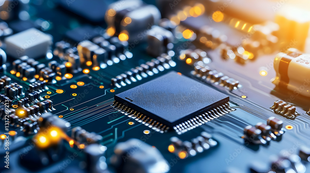 Obraz premium Close Up Of A Complex Blue Circuit Board With A Black Microchip And Gold And Orange Illuminated Components